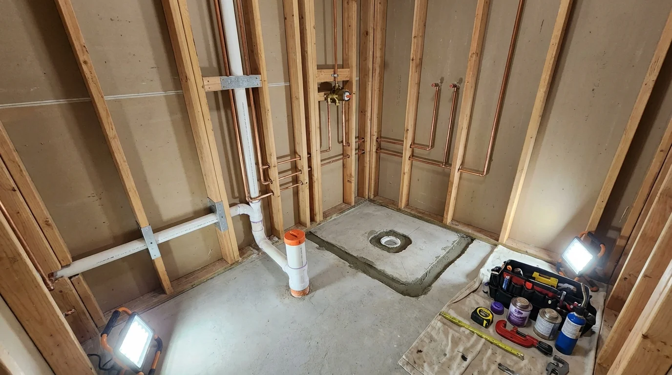 Bathroom rough-in plumbing during remodel by Johns Plumbing LLC in Towaoc
