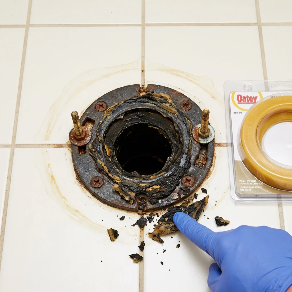 Failed wax ring showing water seepage at the base of a toilet in a Towaoc, CO home